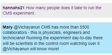 A screenshot of a live Chat, teacher asks how many people it takes to run the CMS experiment, a physicist replies that CMS has over 5500 collaborators